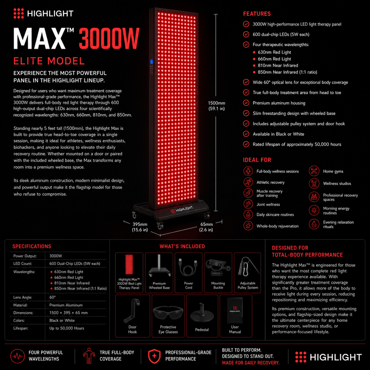 Highlight™ Elite 3000W Full Body Red Light Therapy Panel